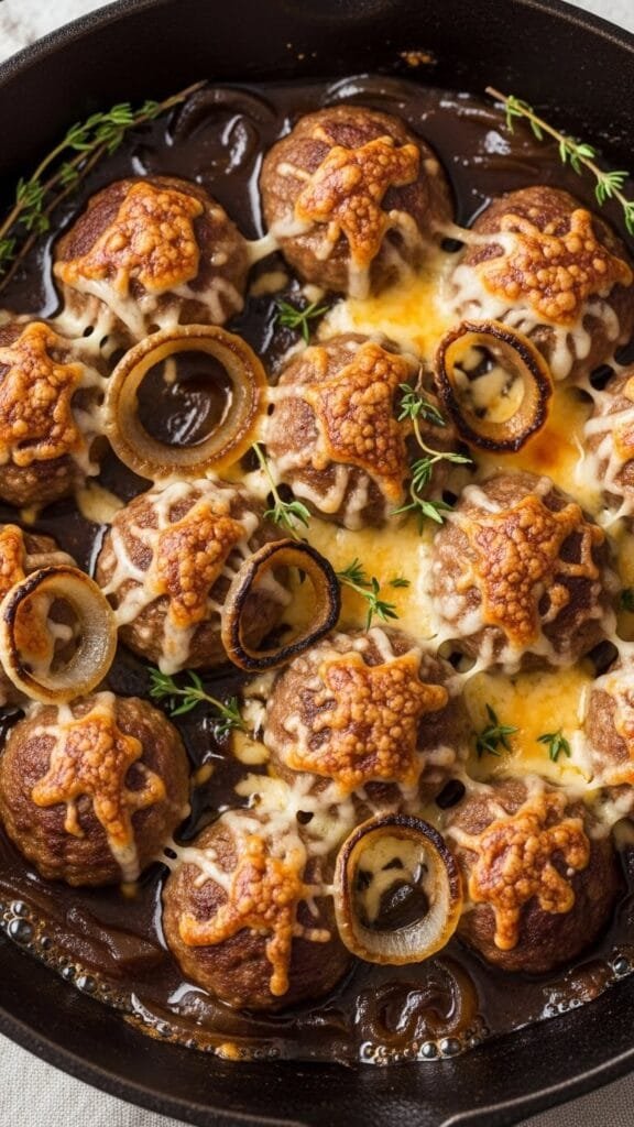 Close up of tender French onion meatballs with caramelized onions and cheese