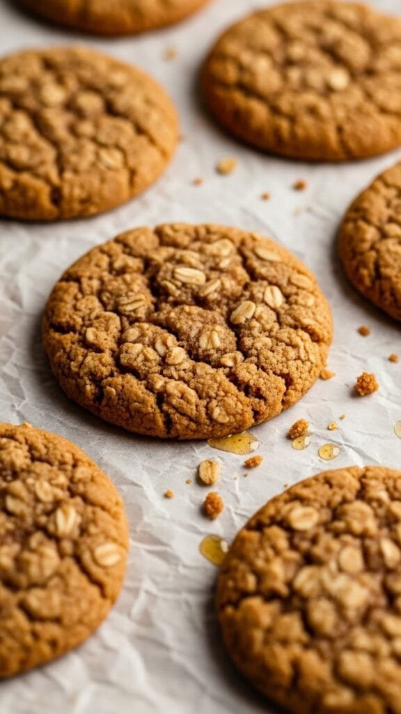 Warm freshly baked brown butter oatmeal cookies on parchment paper with golden edges and soft centers.