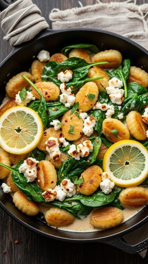 One-pan lemon gnocchi with spinach and feta served as a cozy vegetarian dinner