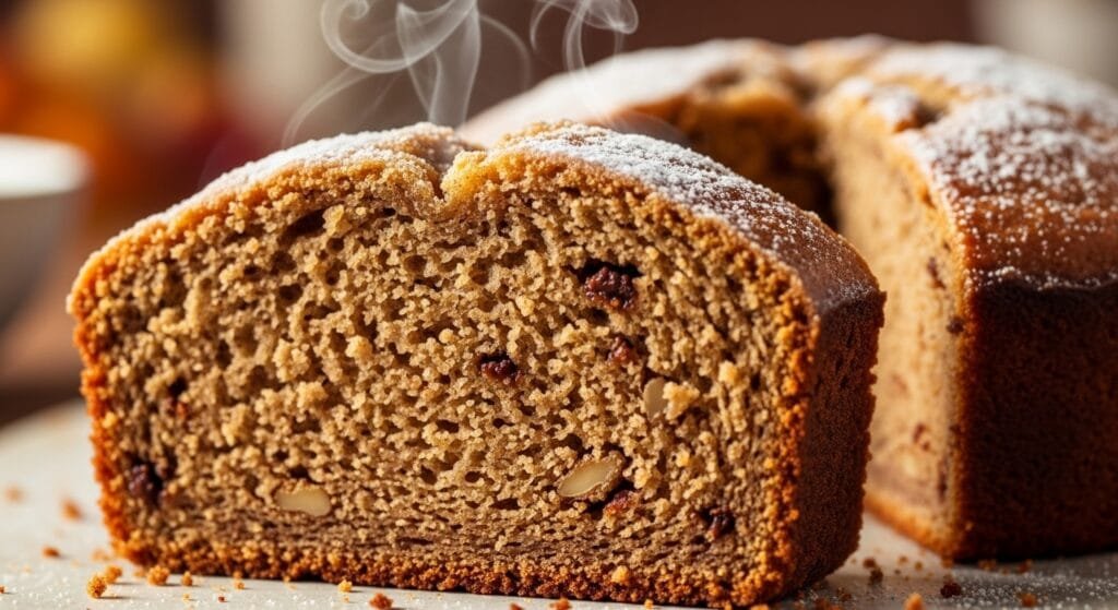 Slice of harvest spice bread showing moist crumb and warm spices