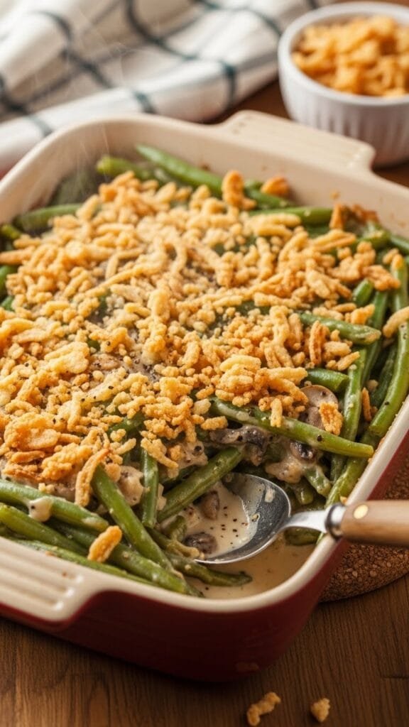 Homemade green bean casserole from scratch with fresh green beans, creamy mushroom sauce, and crispy onion topping baked until golden
