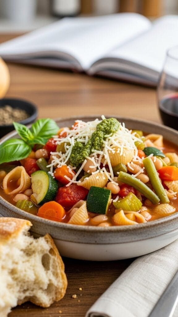 Close up of Italian minestrone soup with beans and vegetables