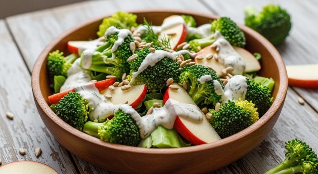 Honeycrisp apple broccoli salad with creamy yogurt dressing in bowl