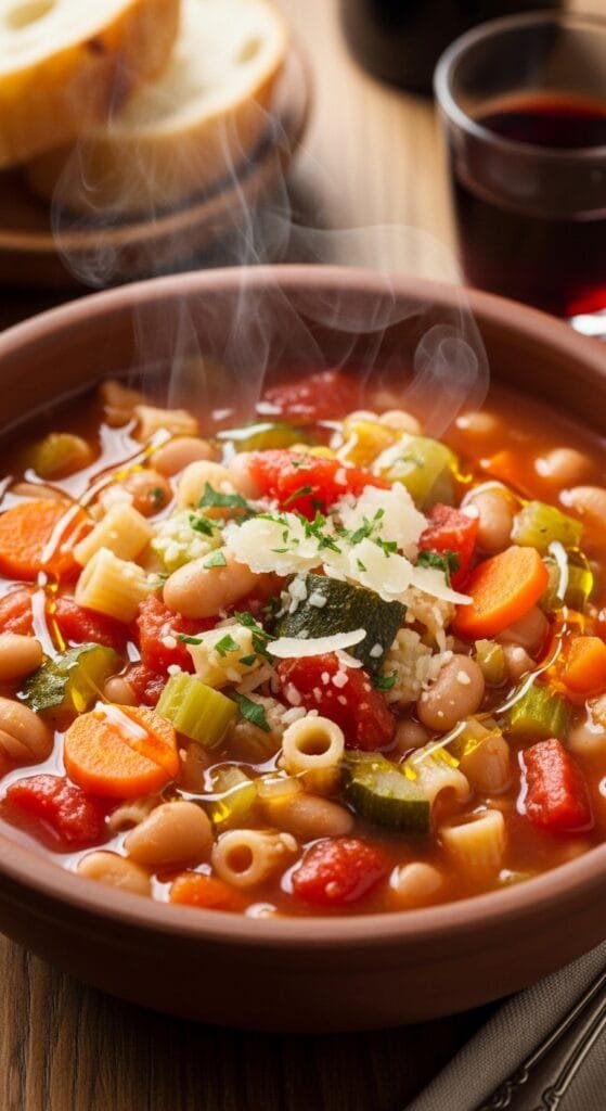 Italian minestrone soup with vegetables, beans, and pasta in a bowl