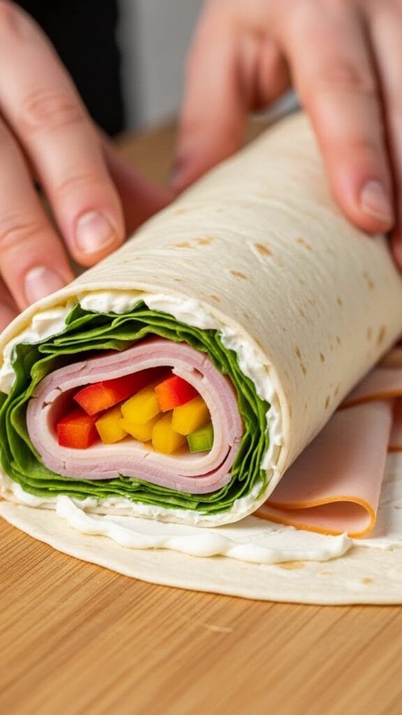 Tortilla layered with cream cheese, deli meats, lettuce, and peppers being rolled tightly.