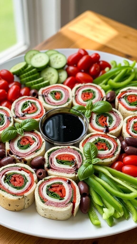 Italian sandwich roll-ups sliced into pinwheels arranged on a platter with colorful vegetables.