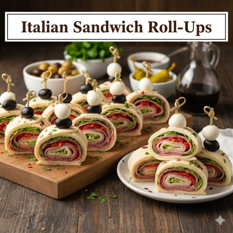 Colorful Italian Sandwich Roll-Ups sliced into pinwheels, arranged on a serving platter with fresh vegetables