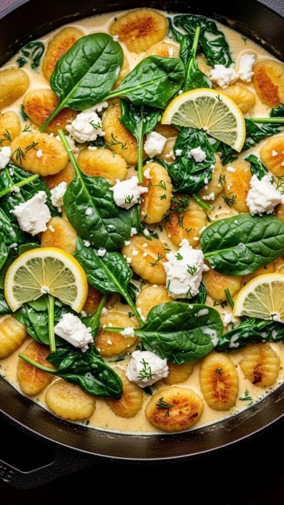 Skillet lemon cream gnocchi with spinach and feta served warm in a pan