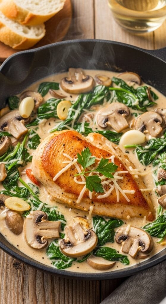 Creamy mushroom chicken cooked in a skillet with garlic, spinach, and Parmesan sauce