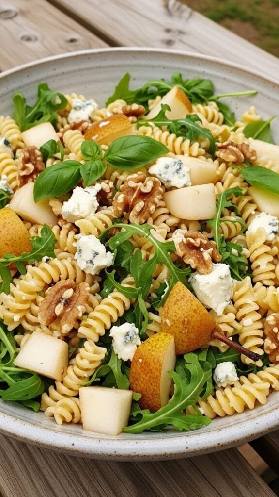 Pear pasta salad with fresh pears, arugula, mozzarella, and creamy Greek yogurt dressing in a large serving bowl