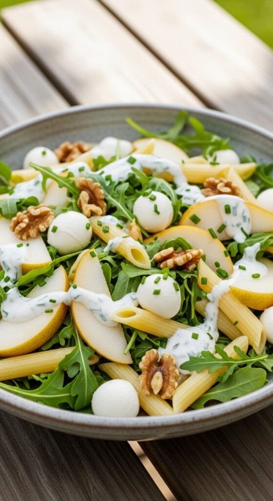 Sweet and savory pear pasta salad with fresh pears, mozzarella, arugula, and creamy yogurt dressing