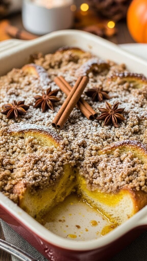 Pumpkin French toast casserole topped with cinnamon sugar crumb baked until golden.