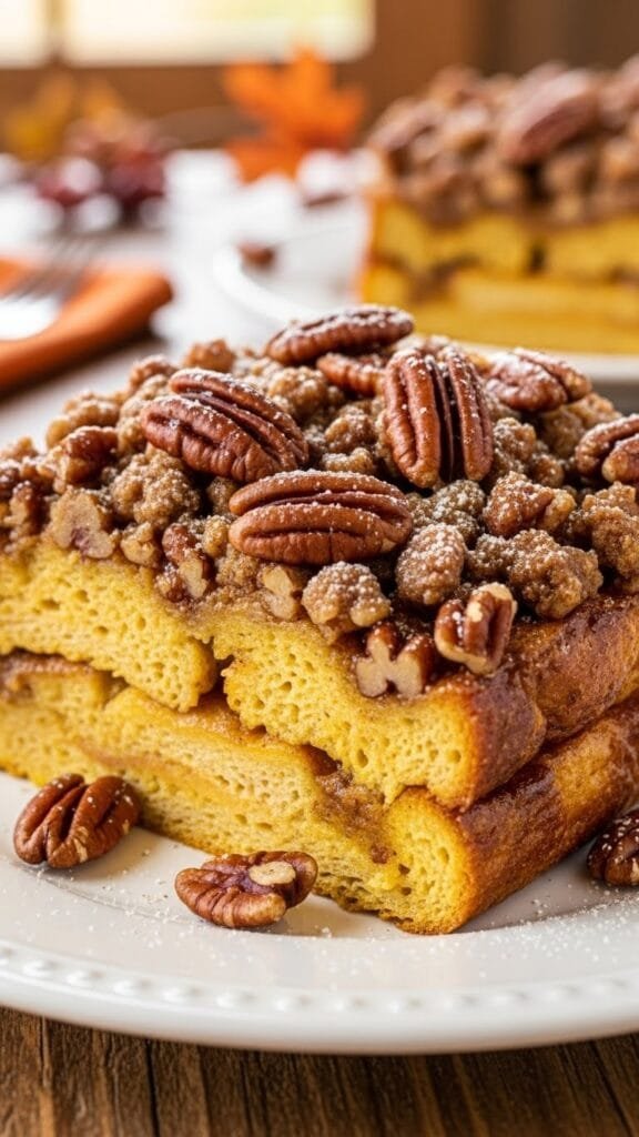 Slice of pumpkin French toast casserole with pecan cinnamon crumb topping on a plate.
