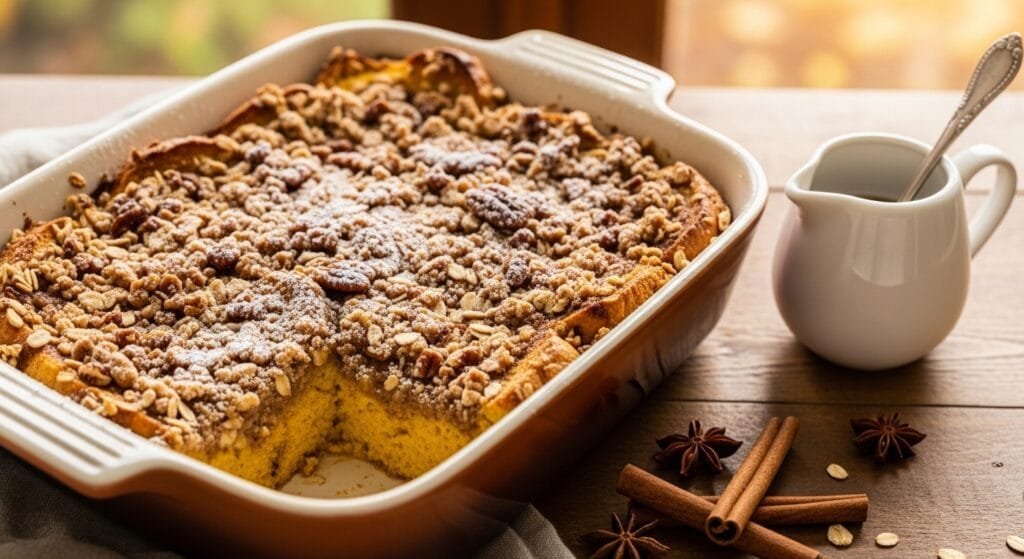 Pumpkin French toast casserole baked with cinnamon crumble topping in baking dish