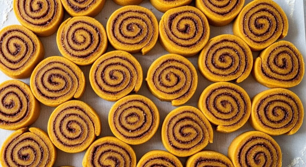 Pumpkin pinwheel cookie spiral slices before baking showing cinnamon sugar swirl