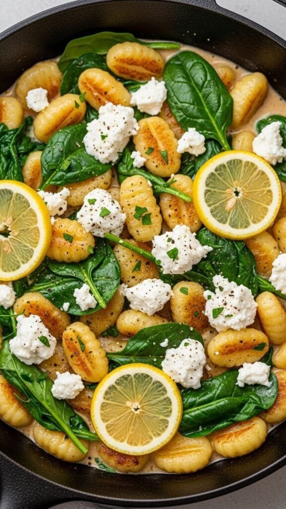 Close up of creamy gnocchi coated in lemon sauce with spinach and feta