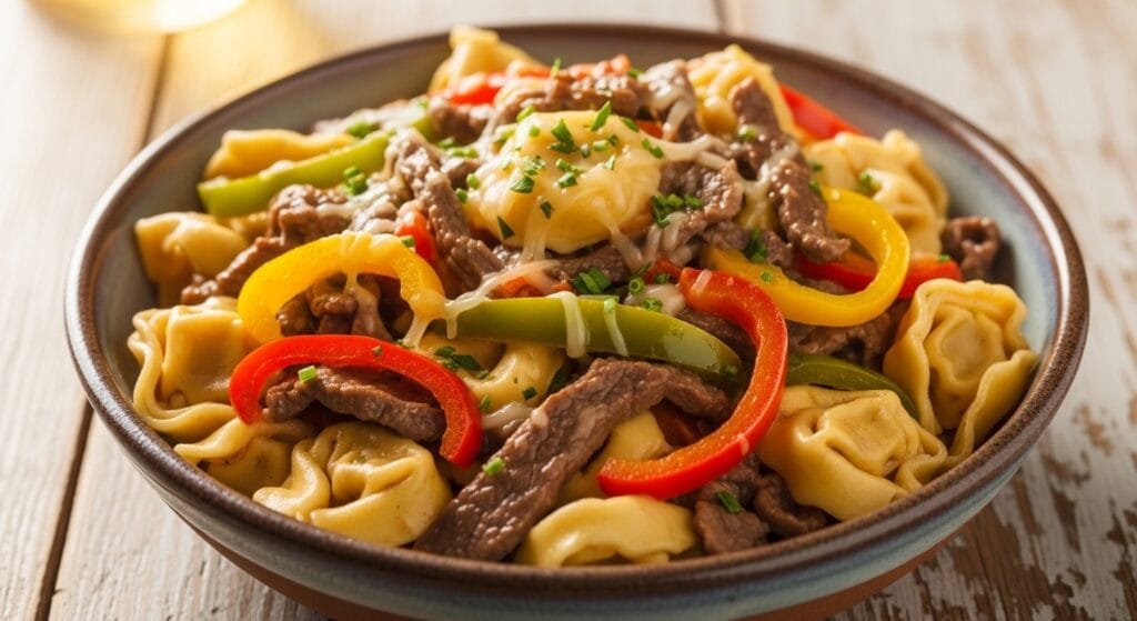 Creamy slow cooker cheesesteak tortellini with beef peppers and cheese in bowl