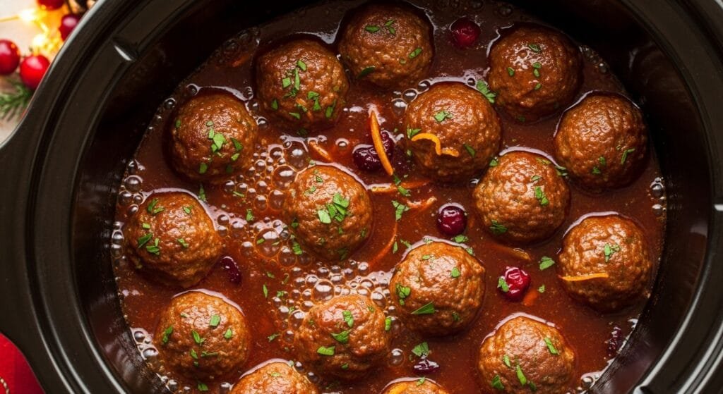 Slow cooker Christmas meatballs simmering in thick glossy sauce
