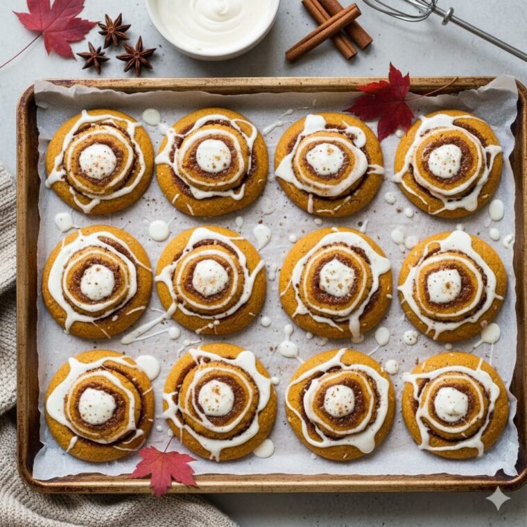 Baked pumpkin pinwheel cookies stacked on a plate for fall dessert