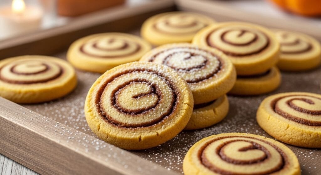 Spiced pumpkin pinwheel cookies with cinnamon swirl baked soft with golden edges on tray