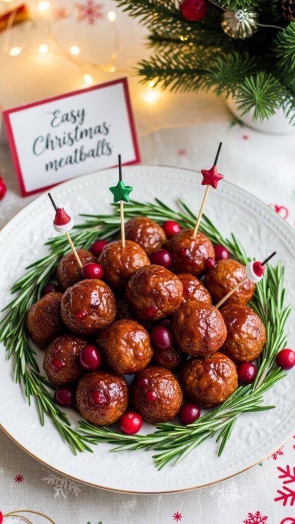Slow cooker Christmas meatballs simmering in a thick festive sauce for a holiday party