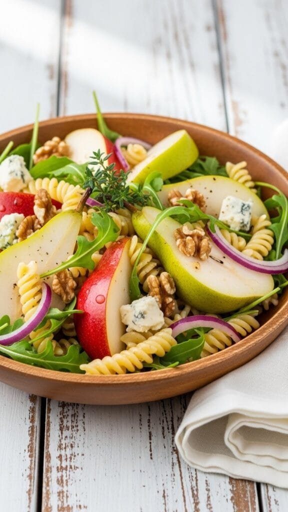 Overhead view of pear pasta salad ingredients including pasta, pears, cucumber, mozzarella, and dressing