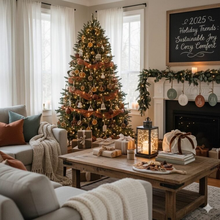 A cozy modern Christmas living room decorated with warm lights, neutral tones, minimalist ornaments, and 2025 holiday decor trends featuring soft textures, natural greenery, and elegant seasonal design.