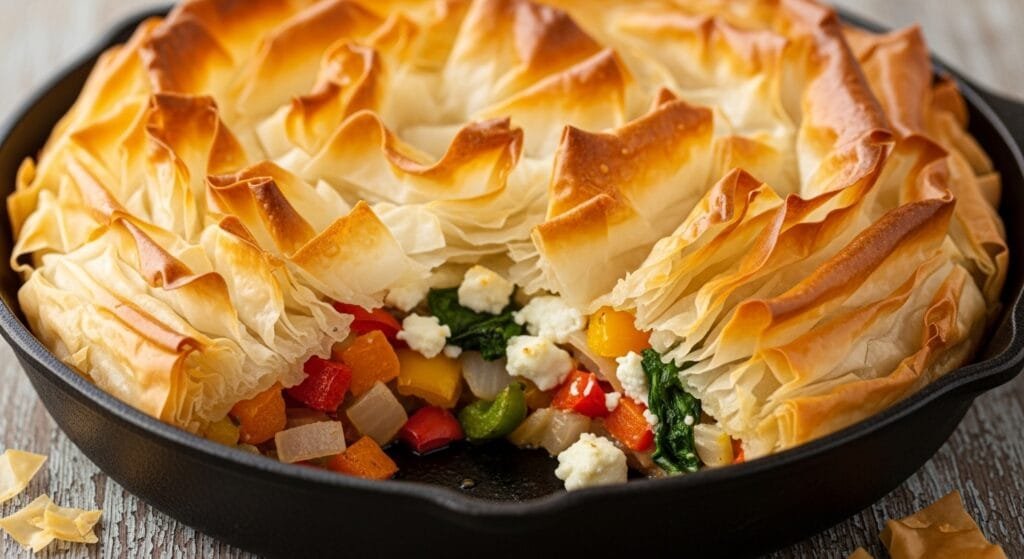Golden vegetable phyllo breakfast bake with crispy crinkled layers in skillet