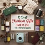 10 best Christmas gifts under $50 for everyone in 2025, featuring a speaker, candles, mugs, tea, camera, and other affordable presents.