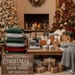Top Christmas 2025 decor trends and gift ideas in the U.S., featuring maximalist trees, jewel-tone ornaments, smart lights, and personalized gifts