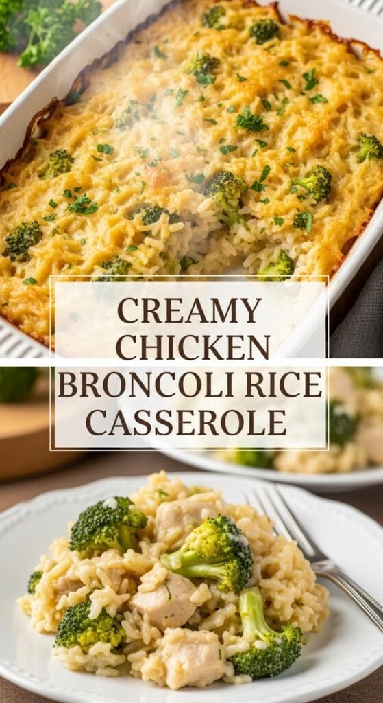 Creamy chicken broccoli rice cheese casserole served from a baking dish
