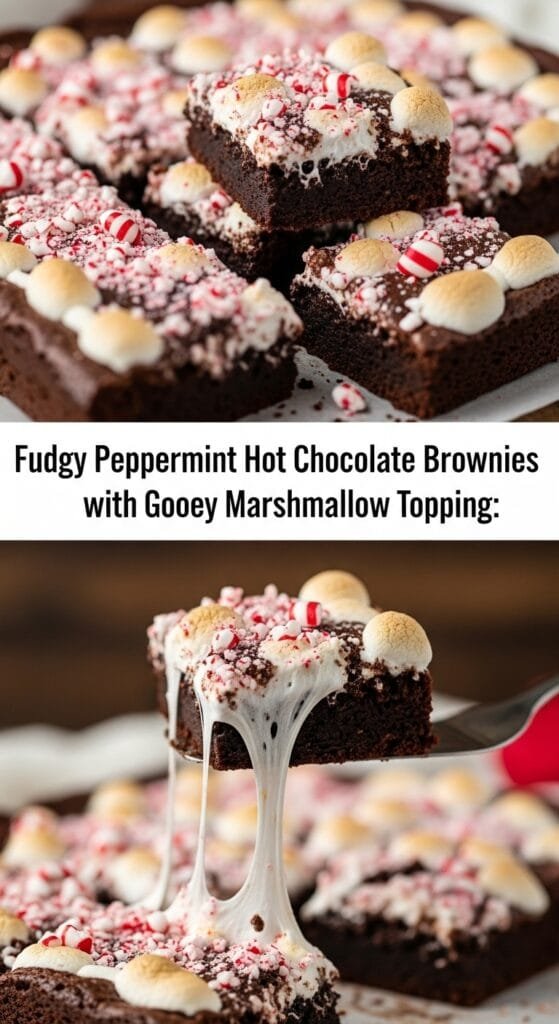 Best homemade hot chocolate brownies recipe for the winter season, cut into squares in a pan, highlighting the rich chocolate flavor and minty, gooey marshmallow layer. 8x8 baking pan.