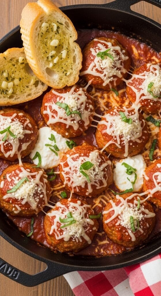 Chicken Parmesan meatballs served over pasta
