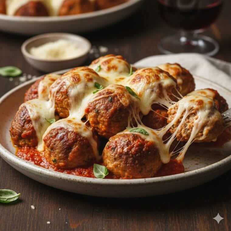 Baked chicken Parmesan meatballs topped with marinara sauce and melted mozzarella on a plate.
