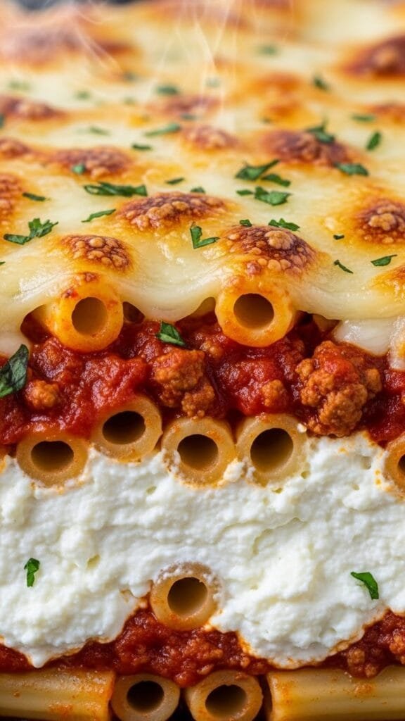 Close-up view of baked ziti layers showing marinara meat sauce, ricotta filling, and melted cheese bubbling on top