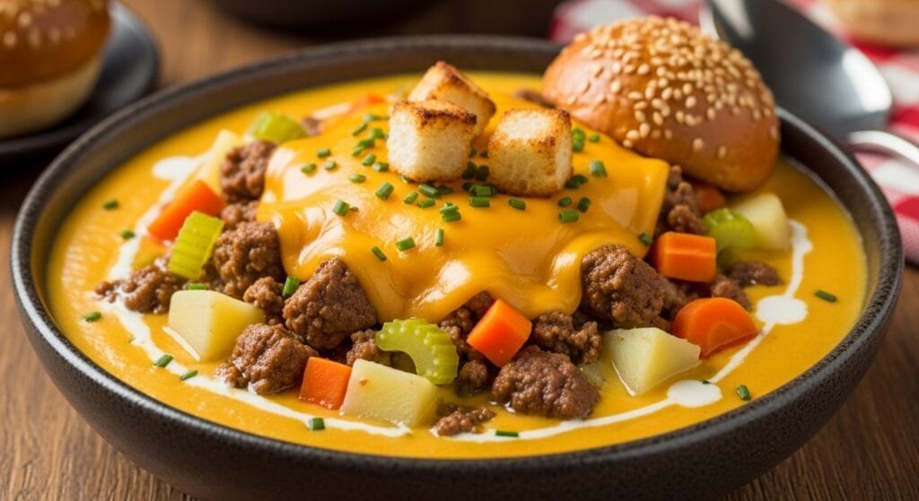 creamy cheeseburger soup with potatoes beef vegetables and melted cheddar