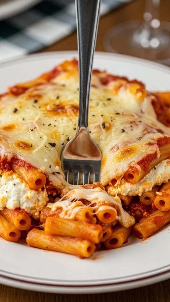 A plated serving of creamy baked ziti with melted cheese and marinara sauce, ready to eat with a fork.
