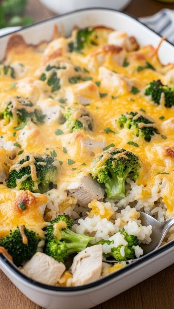 Creamy chicken broccoli rice cheese casserole baked until golden and bubbly