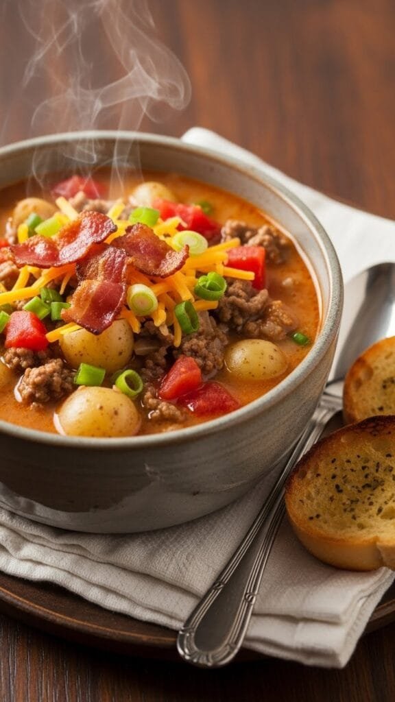 Close up of creamy cheeseburger soup with baby potatoes and beef