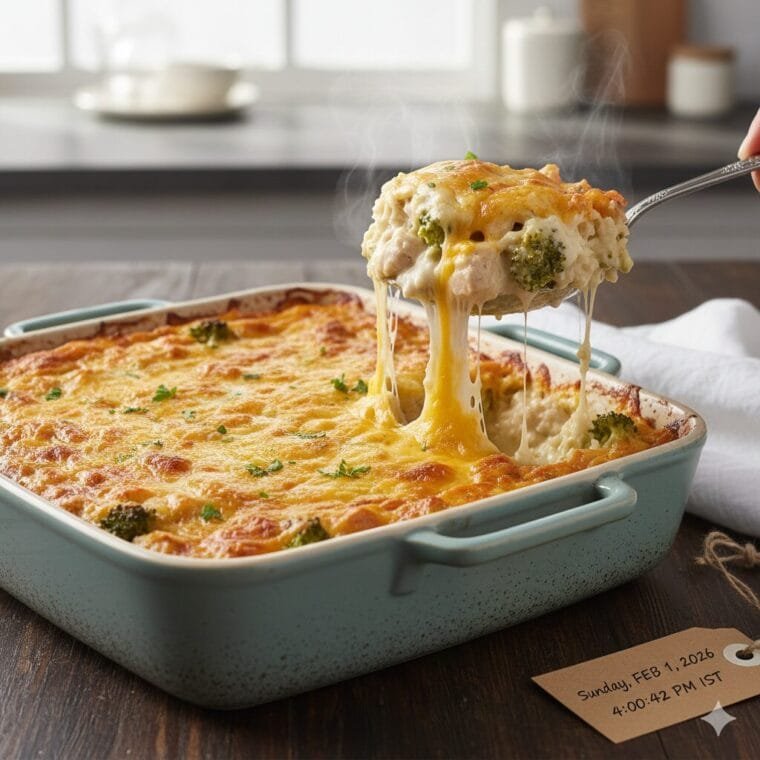 Creamy chicken broccoli rice cheese casserole baked until golden and bubbly