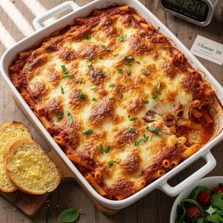 Ingredients for baked ziti including pasta, marinara sauce, cheese, and ground beef