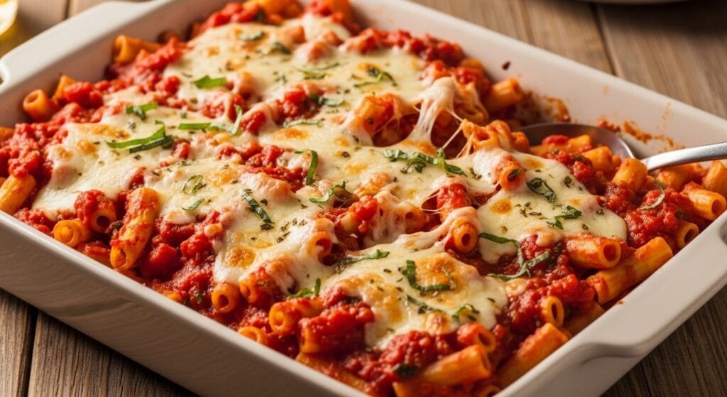 Creamy oven-baked ziti in a casserole dish with melted mozzarella and rich marinara sauce
