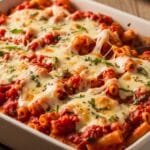 Creamy oven-baked ziti in a casserole dish with melted mozzarella and rich marinara sauce