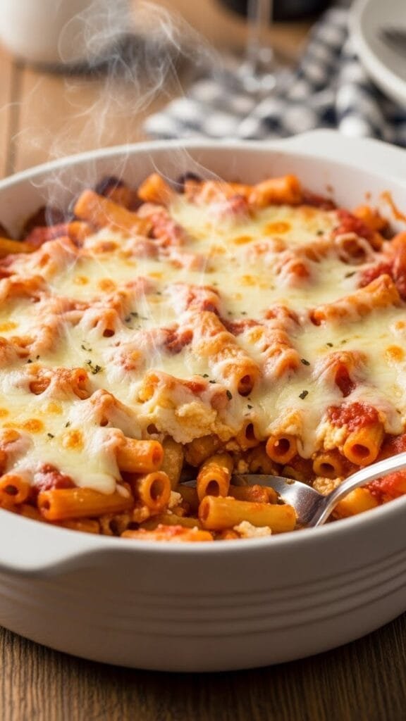 Creamy oven-baked ziti in a casserole dish topped with melted mozzarella and rich marinara sauce, perfect for family dinner.