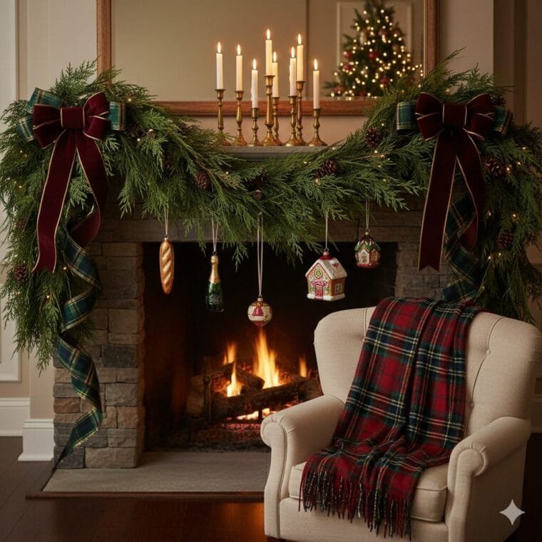 A beautifully styled Christmas setup featuring elegant nostalgic decor items such as vintage ornaments, warm lights, greenery, classic ribbons, and cozy holiday accents arranged in a timeless, festive scene.