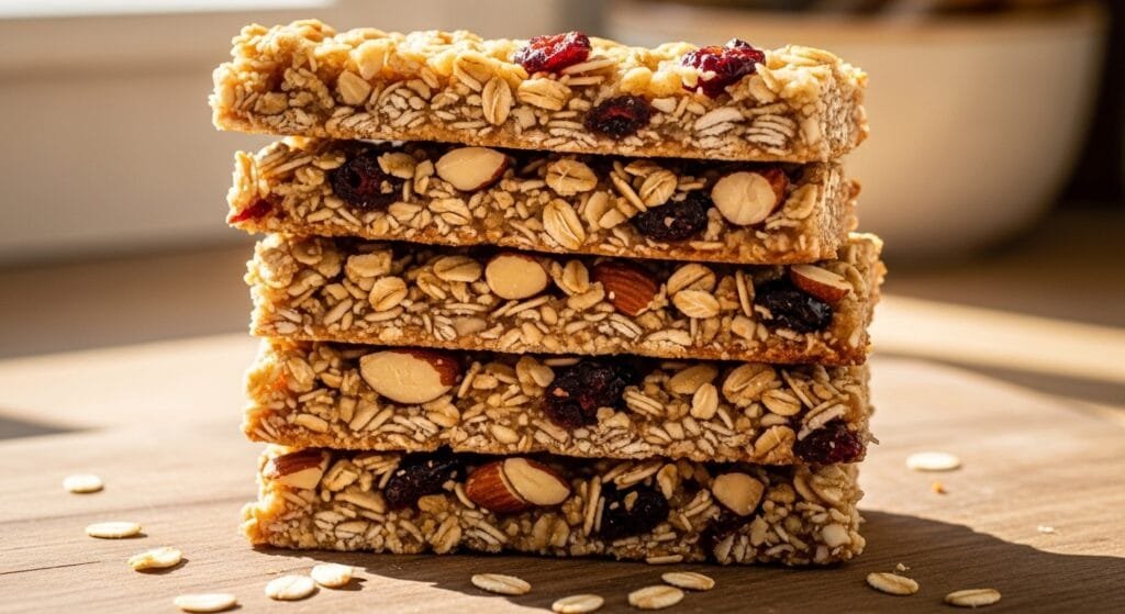Stacked homemade granola bars showing chewy oat texture