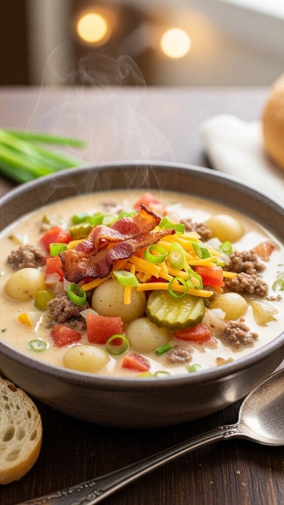 Homemade cheeseburger soup with baby potatoes and melted cheese