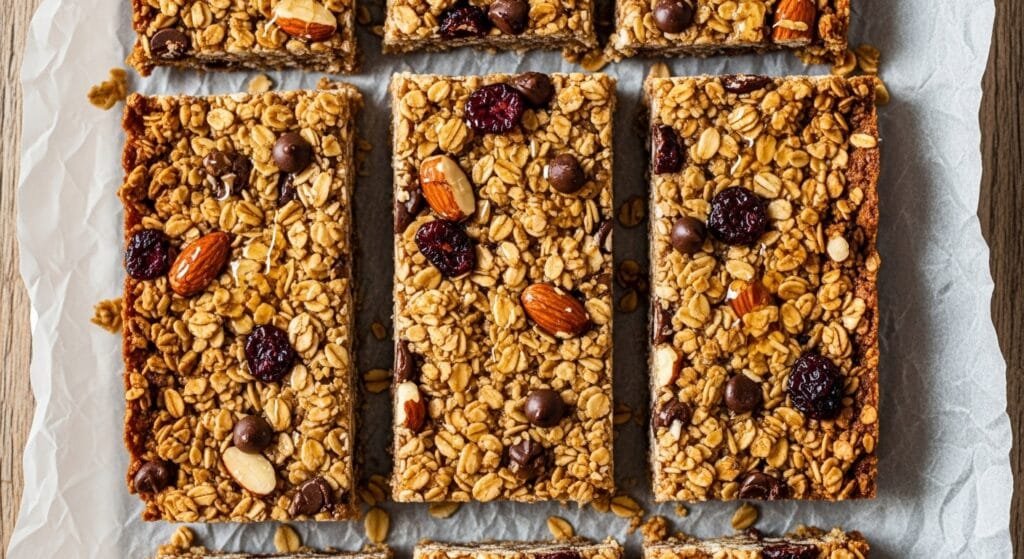 Homemade oat granola bars sliced on parchment paper