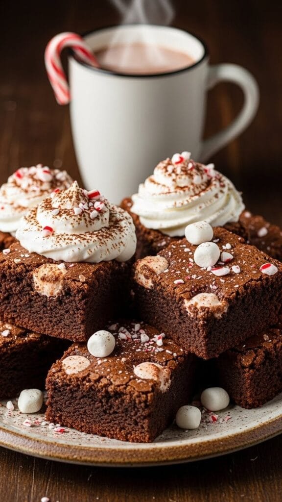 Fudgy peppermint hot chocolate brownies topped with toasted marshmallows