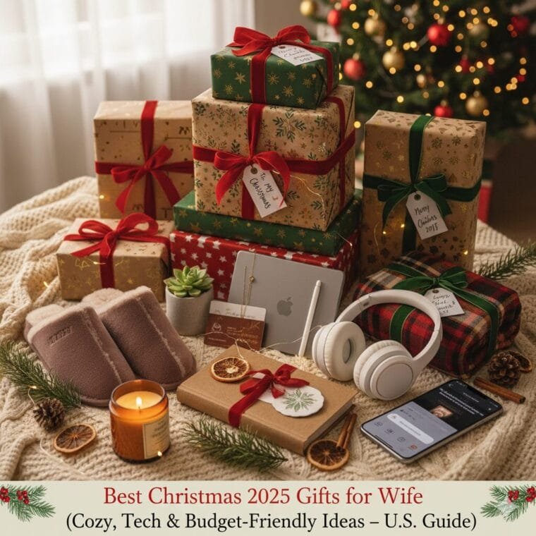 Top Christmas 2025 gift ideas for wife featuring trending U.S. holiday presents like personalized jewelry, cozy self-care sets, luxury beauty gifts, and romantic items she will love.”